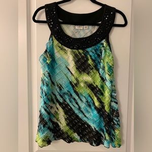 #287 - CATO Sleeveless Tank Blouse w/Beaded Collar Black/Green/Aqua/White 14/16W